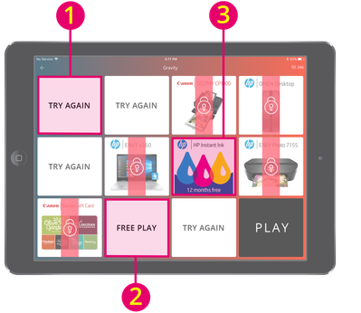PlayZone tiles screen - Play, Try again, Free Play, Award
